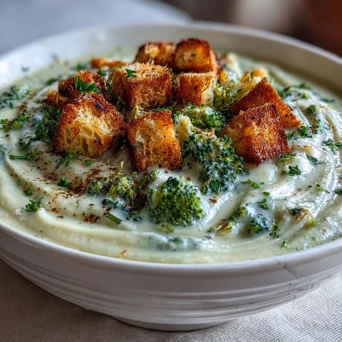 Cauliflower and Broccoli Soup in a rustic bowl, steaming with herbs and vegetables.