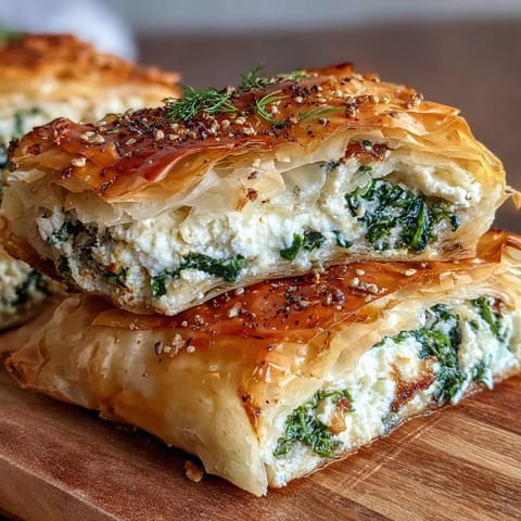 Sliced wedges of savory Feta and Kale Börek on a white plate with a side salad.