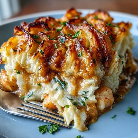 A rustic home baked curried fish pie served warm in a ceramic dish, golden potato crust bubbling over rich sauce.