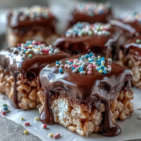 Twelve cut squares of Chocolate Covered Rice Krispy Treats displayed on a marble countertop, generously topped with rainbow sprinkles for a festive party dessert.