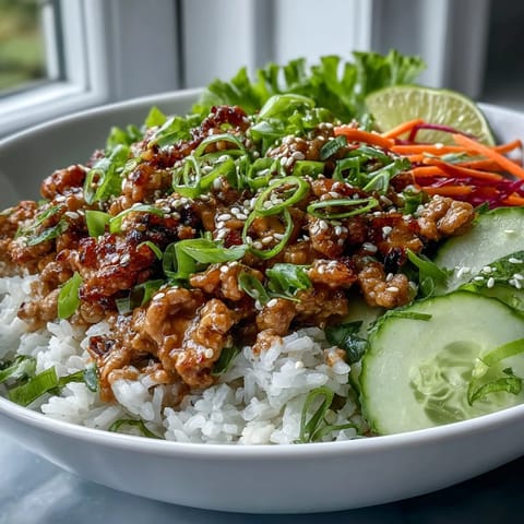 Drizzled Bang Bang Ground Turkey Rice Bowls with carrots, cucumbers, and fresh lime on the side.