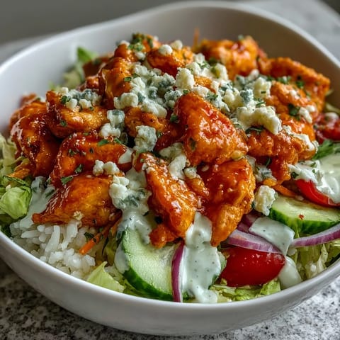 A close-up of a Buffalo Chicken Bowl drizzled with creamy ranch and topped with blue cheese crumbles over crisp veggies.