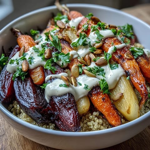 A close-up of the Roasted Root Vegetable Bowl highlights caramelized edges and a creamy, savory tahini drizzle over quinoa.