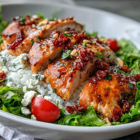 Vibrant Sun-Dried Tomato Chicken Bowl featuring juicy herb chicken, crisp greens, and feta over fluffy white rice.