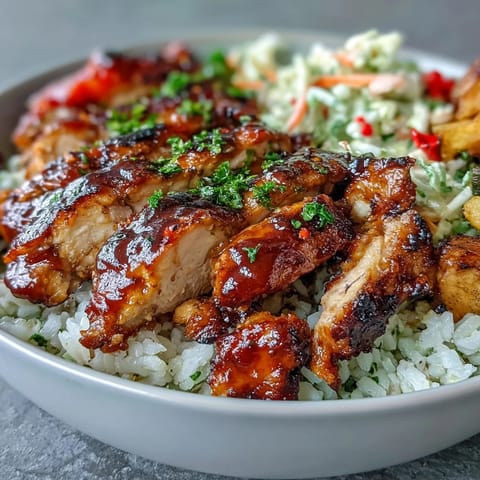 Sliced BBQ Chicken Bowl with fluffy rice, crisp coleslaw, and colorful roasted vegetables on a plate.