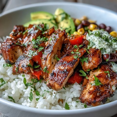 Fluffy rice and Cajun Chicken Bowl topped with peppers and corn in a rustic bowl.