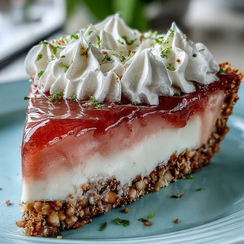 A slice of Guava Cloud Pie with creamy pink filling, macadamia nut crust, and whipped cream topping on a plate.