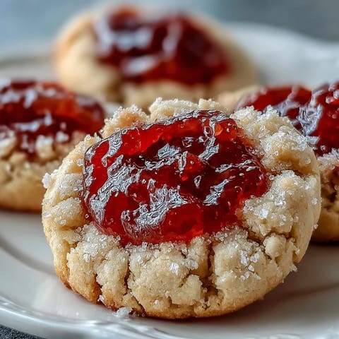 Homemade Guava Jam Thumbprint Cookies arranged on a white plate with a dollop of guava jam nearby, perfect for a sweet dessert snack.