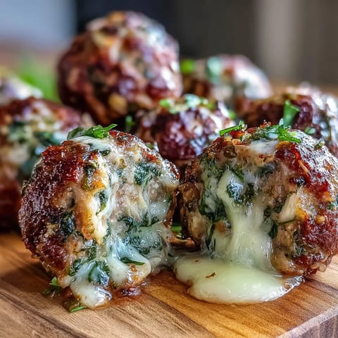 Freshly cooked spinach garlic meatballs resting in rich marinara sauce, ready to be served over pasta.