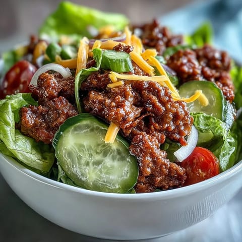A close-up view of High-Protein Cheeseburger Bowls featuring seasoned beef, fresh vegetables, and a creamy burger sauce drizzled over a colorful salad base.