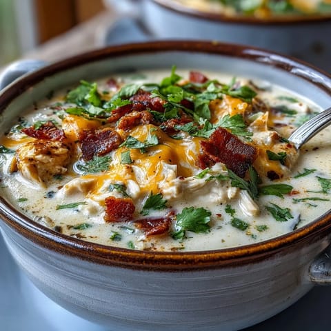 A ladle scoops rich, cheesy Spicy Jalapeño Popper Chicken Soup, revealing tender chicken shreds and diced jalapeños in a creamy broth.