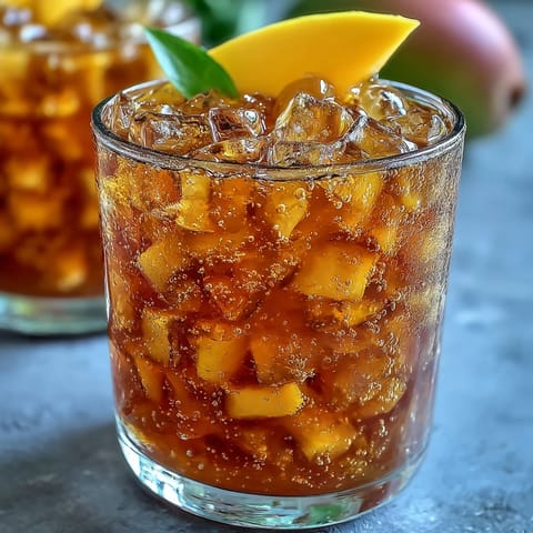 Golden homemade Mango Iced Tea poured over ice, with ripe mango cubes and a black tea bag nearby on a sunny table.