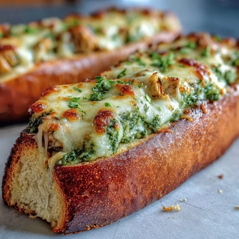 Freshly baked Pesto Chicken Garlic Bread Boats bubbling with cheesy, savory chicken filling served alongside a green salad.