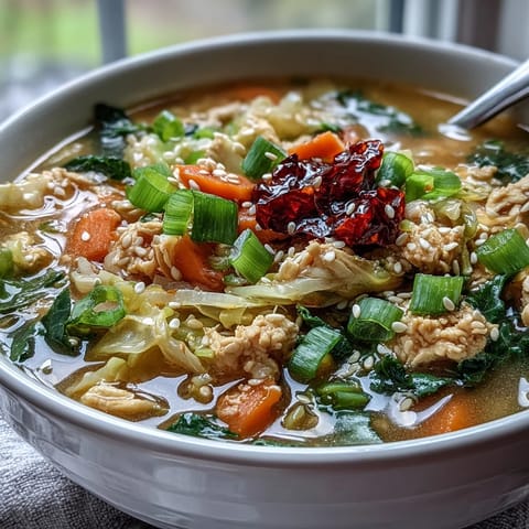 Egg Roll Soup with Chicken & Cabbage is steaming in a bowl, garnished with green onions and a spoonful of spicy chili crisp.