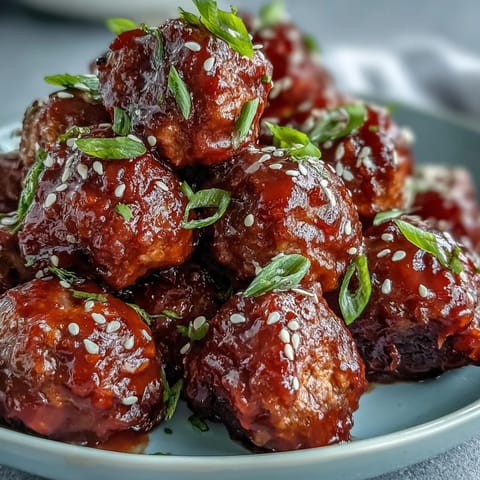 Oven-baked Spicy Chili Honey Turkey Meatballs glisten with a sweet and fiery glaze, garnished with fresh sesame seeds.