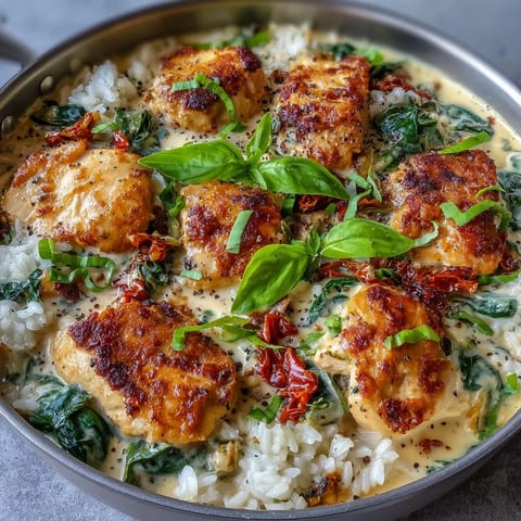Golden chicken and fluffy rice simmer in a creamy garlic sauce in this Creamy Tuscan Chicken Rice Skillet.