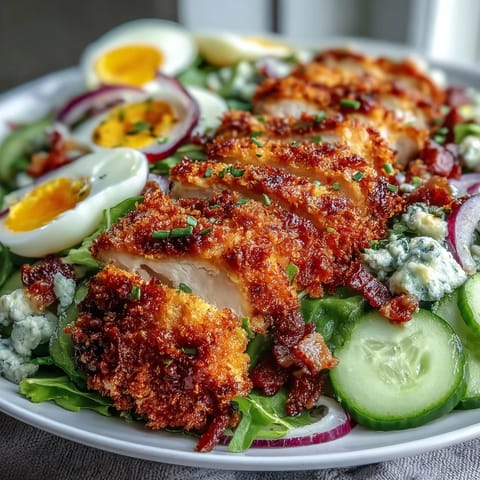A platter of Parmesan Crusted Chicken Cobb Salad showcases colorful tomatoes, blue cheese, and tangy dressing for a hearty meal.