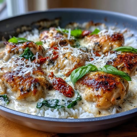 Creamy Tuscan Chicken Rice Skillet features fluffy white rice, wilted spinach, and tender chicken in a rich, aromatic sauce.