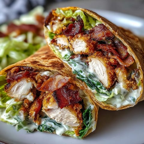 Sliced Crispy Chicken Bacon Caesar Wraps show melted Parmesan and fresh romaine inside a grilled tortilla, served with lemon wedges on a rustic table.