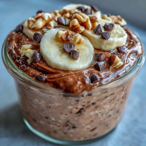 A bowl of Chunky Monkey Protein Overnight Oats topped with mini chocolate chips and a dollop of creamy peanut butter.