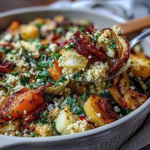 This finished Roasted Veggie & Feta Couscous Bake sits bubbly in a ceramic dish, ready to serve as a warm vegetarian side or main.