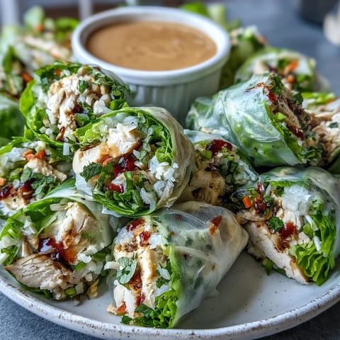 Freshly rolled Light Chicken and Veggie Spring Rolls with Peanut Sauce displayed next to a small bowl of creamy dip. 
