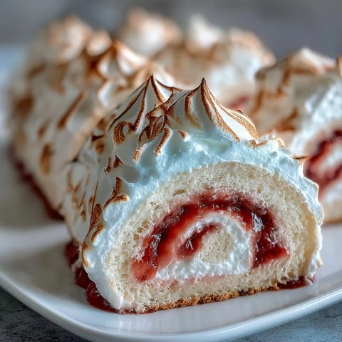A fluffy vanilla sponge cake rolled with sweet guava paste and topped with light meringue, perfect for festive dessert tables.