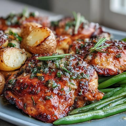 Juicy, herb-marinated chicken breasts paired with tender baby potatoes and vibrant green beans, all baked to perfection.  