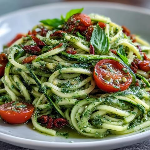 Creamy dairy-free pumpkin seed pesto coats spiralized zucchini noodles for a light and flavorful plant-based meal.  
