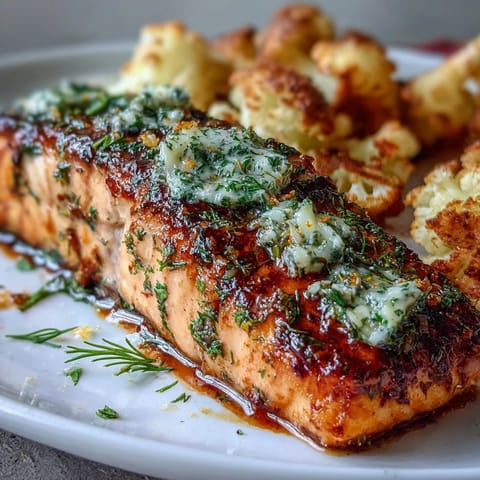 Succulent salmon fillets with fragrant herb butter, paired with smoky roasted cauliflower for a satisfying keto meal.  