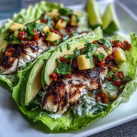 Light and healthy grilled fish tacos served in crisp lettuce wraps with zesty mango salsa and lime wedges.  