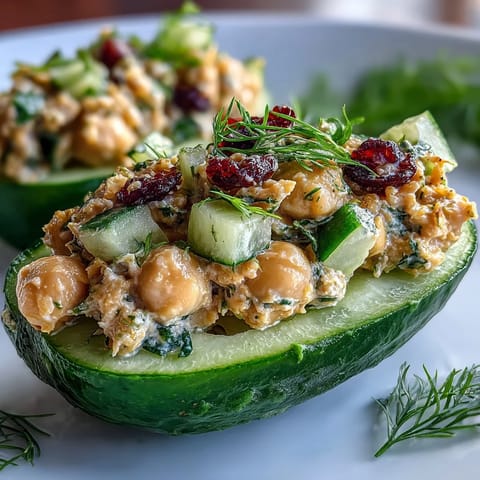 Fresh vegan chickpea tuna salad stuffed in crisp cucumber boats, perfect for a light and healthy lunch.  