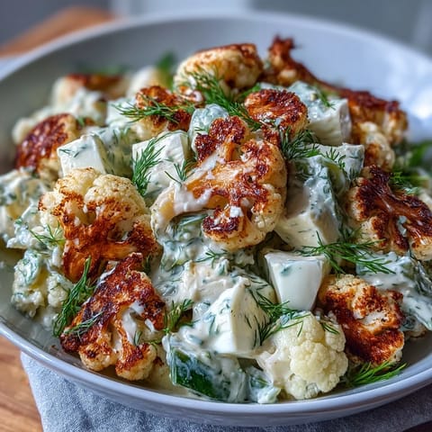 Keto cauliflower potato salad with dill pickles and eggs, featuring roasted cauliflower, creamy dressing, and fresh herbs.  
