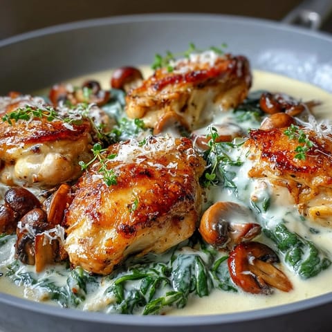 A one-pan keto chicken dinner featuring tender chicken breasts simmered with fresh spinach and earthy mushrooms in a velvety cream sauce.