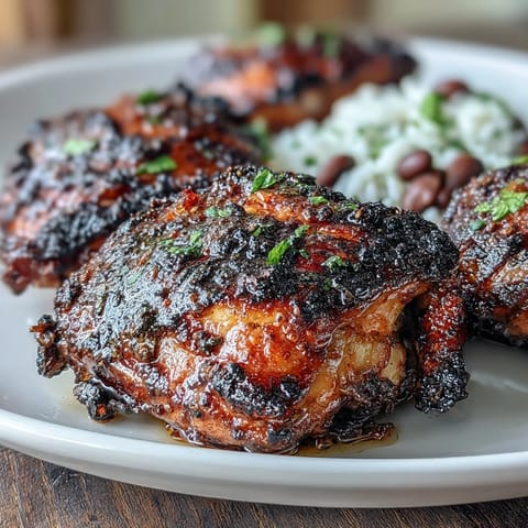 Jerk chicken with coconut rice and kidney beans, served hot with vibrant colors and aromatic spices.  