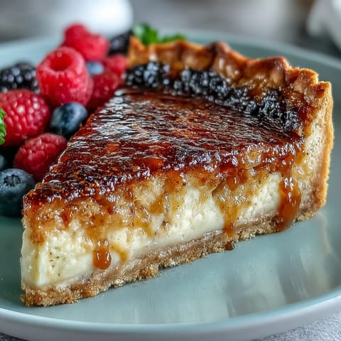 Cardamom custard tart with buttery shell and fresh seasonal fruit topping.  