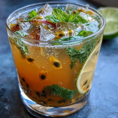 A refreshing Passionfruit Mojito with muddled mint, lime, and tropical passionfruit juice served over ice.