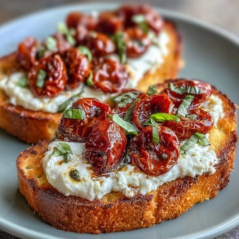 Golden crostini topped with creamy burrata cheese and juicy roasted cherry tomatoes, garnished with fresh basil and olive oil.