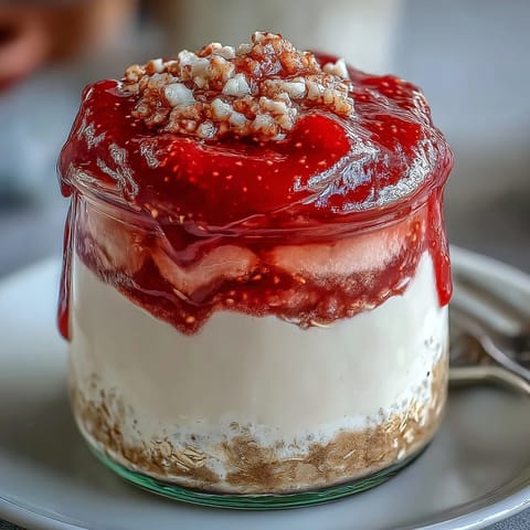 Velvety oats swirled with sweet, homemade strawberry chia jam for a nourishing, make-ahead breakfast delight.