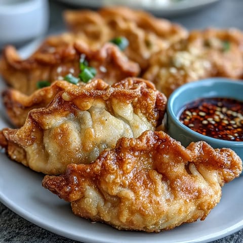 Crispy air fried pork dumplings served with spicy chili oil, perfect for a flavorful appetizer or snack.  