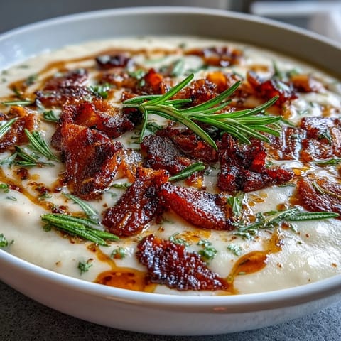 Creamy White Bean Soup with Bacon and Rosemary in a rustic bowl, garnished with crispy bacon and a drizzle of olive oil.