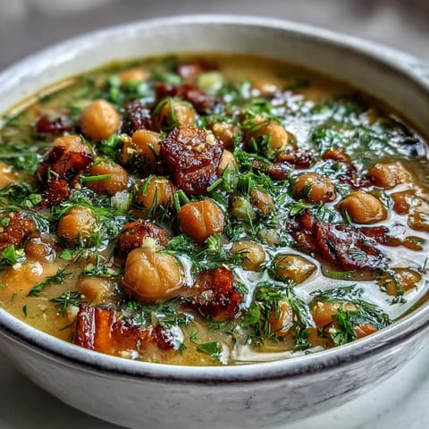 A bowl of hearty ham and chickpea soup with fresh dill and a splash of lemon, garnished with extra herbs.  