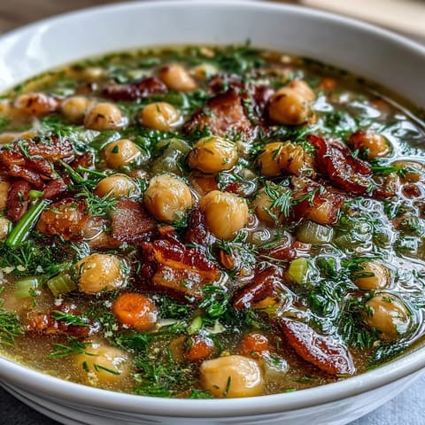 Warm, zesty ham and chickpea soup with tender vegetables, bright lemon, and fragrant dill in a rustic bowl.  