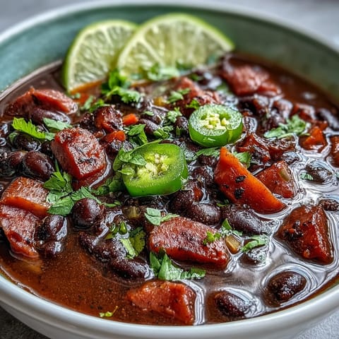 A steaming bowl of black bean and ham soup with jalapeños, garnished with fresh cilantro and lime.  