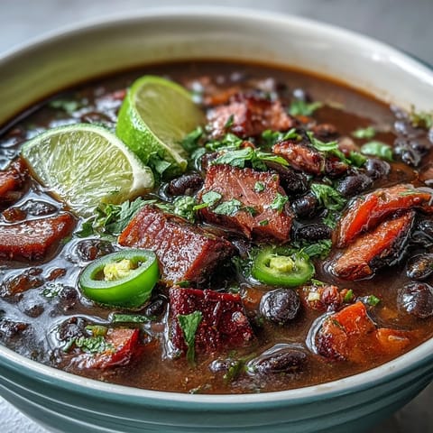 Hearty black bean soup with smoky ham, diced vegetables, and jalapeños for a spicy, warming winter meal.  