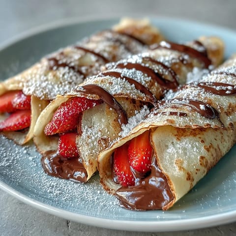 Golden crêpes layered with rich Nutella and fresh strawberry slices, a delightful treat for Galentine's brunch gatherings.