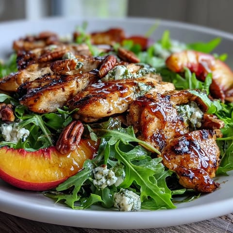 A close-up of sliced grilled chicken breast atop fresh arugula, with caramelized peaches and crumbled feta adding texture and flavor.  