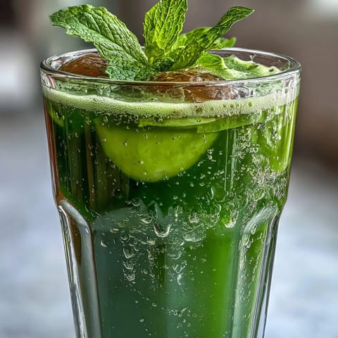 Refreshing cucumber apple ginger detox juice with vibrant green color and natural detoxifying properties.