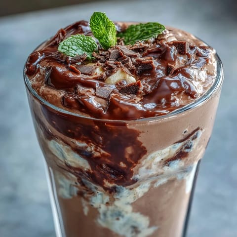 A creamy, refreshing mint chocolate protein shake with frozen banana, perfect for breakfast or post-workout fuel.  