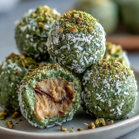 Creamy coconut and earthy matcha blend in these wholesome oat-based energy bites, ideal for a quick, nutritious treat.